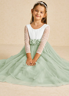 Azazie Mae vestidos de niña de las flores Vestido de Marfil Salvia Polvorienta de Tul de Corte En A con Lazo image1
