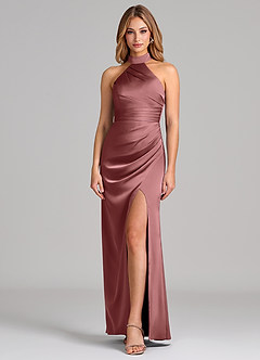 Azazie Karlotta Bridesmaid Dresses Amethyst Sheath Pleated Stretch Satin Dress image1