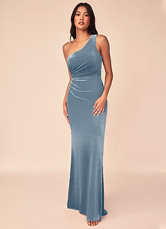 Azazie Argan Bridesmaid Dresses Dusty Blue A-Line One Shoulder Pleated Velvet Dress image4