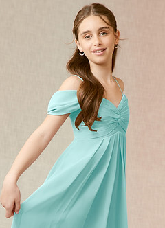 Azazie Kaitlynn Junior Robe Trapèze en Mousseline de soie Épaule décolletée Aqua image7