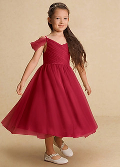 Azazie Lizzette Flower Girl Dresses Scarlet A-Line Ruched Tulle Dress image4