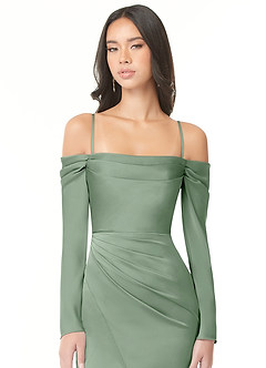 Azazie Hallie Bridesmaid Dresses Matcha Sheath Off-The-Shoulder Long Sleeve Stretch Satin Convertible Dress image2