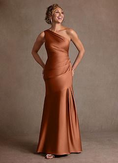 Azazie Haifa Mother of the Bride Dresses Copper Mermaid One Shoulder Stretch Satin Dress image4