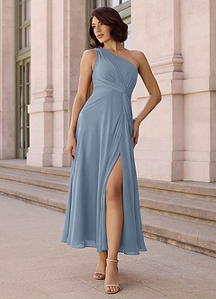 Azazie Brooke Robes de demoiselle d'honneur Robe Trapèze en Mousseline de soie Une épaule Bleu Poussiéreux image2