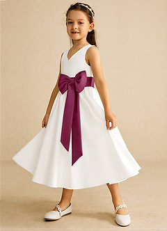 Azazie Darling Flower Girl Dresses Ivory Mulberry A-Line Bow Cotton Dress image3