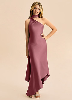 Azazie Briony Junior Vestido Rosa Do Deserto de Cetim elástico de Bainha com Plissado image3