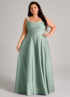 Azazie Shaude Bridesmaid Dresses Agave A-Line Pleated Stretch Satin Dress image13