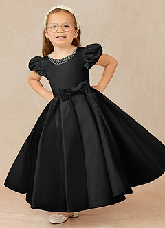 Azazie Jewel Flower Girl Dresses Black Ball-Gown Pleated Matte Satin Dress image1