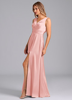 Azazie Karina Bridesmaid Dresses Powder Pink A-Line Pleated Stretch Satin Dress image3