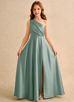 Azazie Puddles Girls Formal Flower Girl Dresses Silver Sage A-Line One Shoulder Stretch Satin Dress image5