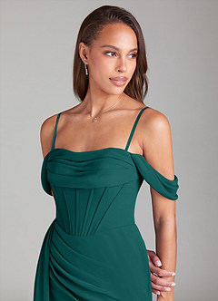 Azazie Amyra Bridesmaid Dresses Peacock Sheath Off the Shoulder Chiffon Convertible Dress image6