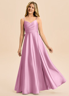Azazie Rumi Junior Candy Pink A-Line Pleated Stretch Satin Dress image1