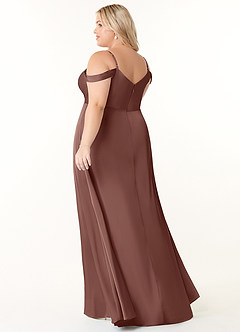 Azazie Ocean Robes de demoiselle d'honneur Robe Trapèze en Satin extensible Col V plissé Expresso image9