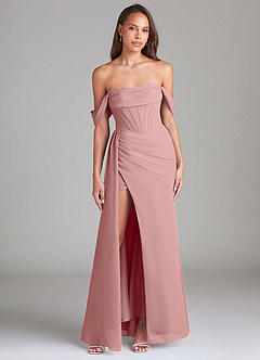 Azazie Amyra Bridesmaid Dresses Dusty Rose Sheath Off the Shoulder Chiffon Convertible Dress image1