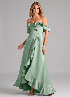 Azazie Lyra Bridesmaid Dresses Agave A-Line Off the Shoulder Stretch Satin Convertible Dress image1