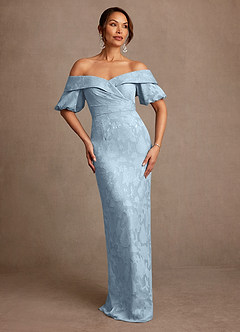 Azazie Golda Mother of the Bride Dresses Sky Blue Sheath Off the Shoulder Floral Burnout Dress image1