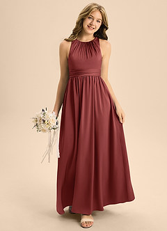 Azazie Jaylah Junior Terracotta A-Line Pleated Stretch Satin Dress image3