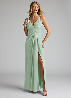 Azazie Maren Allure Bridesmaid Dresses Agave A-Line V-Neck Lace Chiffon Dress image1