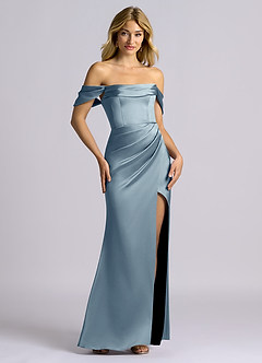Azazie Auden Robes de demoiselle d'honneur Robe Fourreau Convertible en Satin extensible Épaule décolletée Bleu Poussiéreux image7
