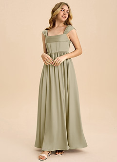 Azazie Hattie Junior A-Linie Plissee Stretch-Satin Kleid Moosgrün image1