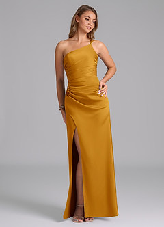 Azazie Eren Bridesmaid Dresses Butterscotch Mermaid One Shoulder Stretch Satin Dress image4