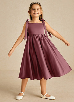 Azazie Chelsie Blumenmädchenkleider A-Linie Schleifen Matte Satin Kleid Wüstenrose image1