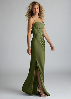 Azazie Mai Bridesmaid Dresses Olive Sheath Pleated Stretch Satin Dress image4