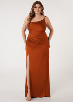 Azazie Eren Robes de demoiselle d'honneur Robe Sirène en Satin extensible Ue épaule Orange Brûlée image14