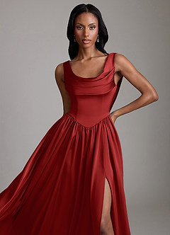 Azazie Novi Bridesmaid Dresses Pomegranate A-Line with Pockets Stretch Satin Dress image3