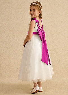 Azazie Lilli Flower Girl Dresses Ivory Fuchsia A-Line Bow Tulle Dress image4