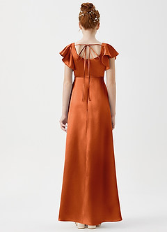 Azazie Bondi Junior Robe Trapèze en Satiné métallisé Fente Latérale Orange Brûlée image2