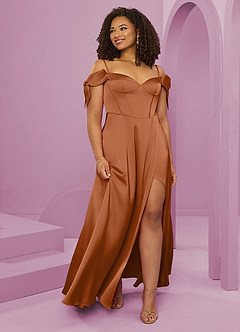 Barbie ♥ Azazie Bridesmaid Dresses Copper A-Line Off the Shoulder Stretch Satin Dress image3