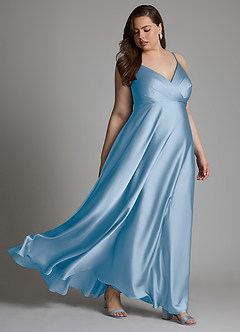 Azazie Amani At-home Try On Dresses Dusty Blue A-Line Pleated Stretch Satin Dress image9