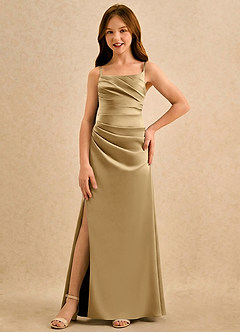 Azazie Cannoli Girls Formal Flower Girl Dresses Gold A-Line Pleated Matte Satin Dress image3