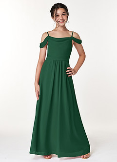 Azazie Alivia Junior Dark Green A-Line Off the Shoulder Chiffon Dress image1