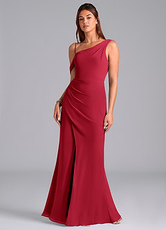 Azazie Madelyn Robes de demoiselle d'honneur Robe Sirène Convertible en Mousseline de soie Une épaule Écarlate image4