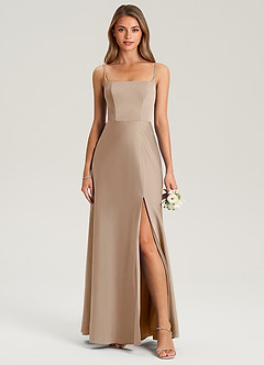 Azazie Lidia Bridesmaid Dresses Taupe Mermaid Side Slit Stretch Satin Dress image4