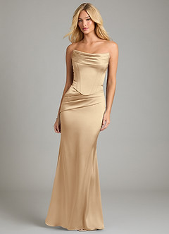 Azazie Sorrel Bridesmaid Dresses Champagne Mermaid Strapless Stretch Satin Convertible Dress image5