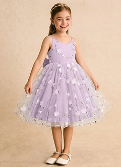 Azazie Junebug Flower Girl Dresses Frosted Lilac Ball-Gown Spaghetti Strap Tulle Dress image5