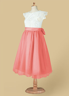 Azazie Vetty Flower Girl Dresses Ivory Coral A-Line Lace Tulle Dress image14