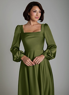 Azazie Solana Robes de demoiselle d'honneur Robe Trapèze en Satin extensible Manches longues Olive Vif image3