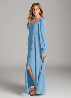 Azazie Leonia Junior Steel Blue A-Line with Pockets Chiffon Dress image3