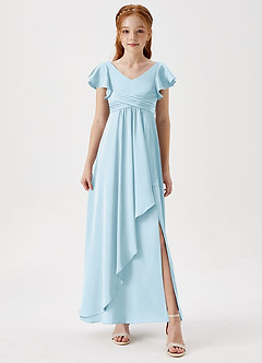 Azazie Omari Junior Sky Blue A-Line Pleated Stretch Satin Dress image4