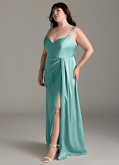 Azazie Brielle Bridesmaid Dresses Aqua A-Line Cowl Spaghetti Straps Stretch Satin Dress image10