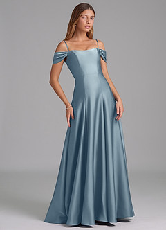 Azazie Seriana At-home Try On Dresses Dusty Blue A-Line Off the Shoulder Stretch Satin Convertible Dress image6