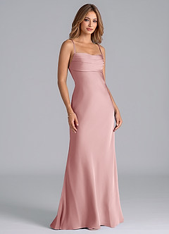 Azazie Seema Vestidos de damas de honor Vestido de Rosa Polvorienta de Satén Elástico de Corte Sirena con Corsé image1