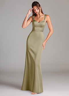 Azazie Denice Bridesmaid Dresses Moss Green Sheath Pleated Stretch Satin Dress image1