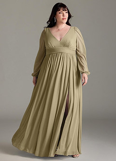 Azazie Norah Abiti da Damigella Abito A-Line in Chiffon con Maniche lunghe e Scollo a V Verde Muschio image6