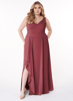 Azazie Kori Abiti da Damigella Abito A-Line in Chiffon Plissettato Merlot image6