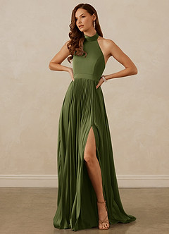 Christian Siriano Bridal for Azazie 1007 Bridesmaid Dresses Olive A-Line Pleated Stretch Satin Dress image4